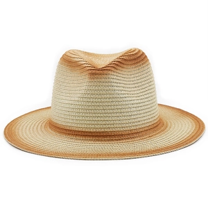 Detail of hand-woven fedora hat featuring a beige and brown gradient straw texture