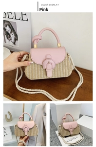 Detailed close-up of handmade straw woven handbag with pink leather flap and knotted handle