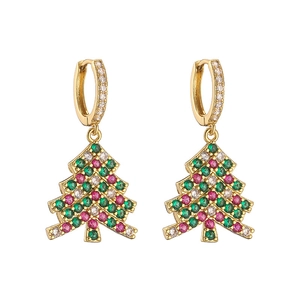 Christmas tree earrings with green and red cubic zirconia set in gold metal