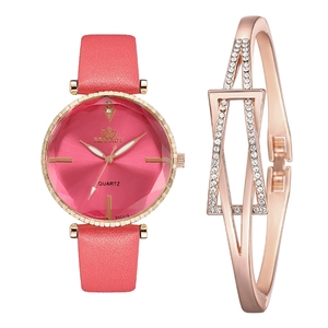 Detail of pink leather watch with rose gold diamond bracelet fashion set for women