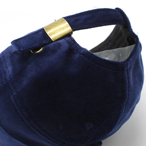 Navy velvet baseball cap back view with premium metal adjustable buckle and soft texture