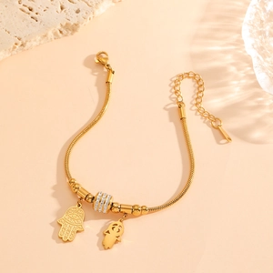 Bracelet main de Fatma plaqué or 18K en acier inoxydable avec perles scintillantes
