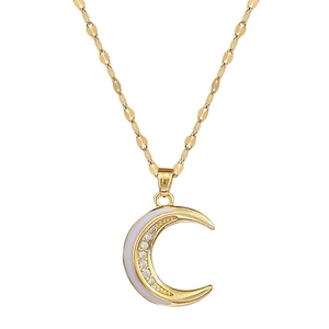 Elegant gold titanium steel moon necklace with enamel inlay and sparkling crystals