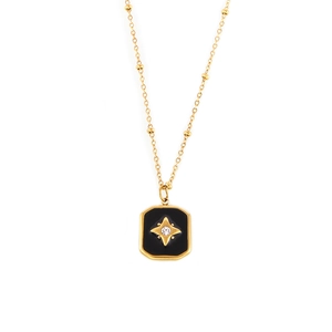 Vintage gold-plated stainless steel necklace with black acrylic star pendant and bead chain