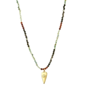 Detail of bohemian tourmaline beaded necklace with a gold evil eye heart pendant
