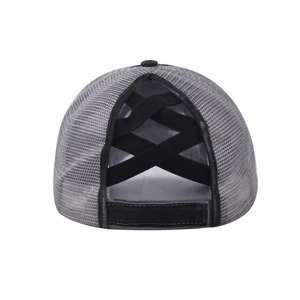Detail view of the back mesh baseball cap featuring black criss-cross elastic ponytail bands