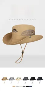 Detail of khaki hiking hat with mesh vents and adjustable chin strap in six colors