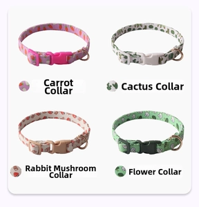 Detailed views of four colorful patterned pet collars with plastic buckles and D-rings