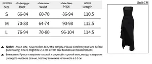 Detailed size chart for the elegant slim fit strapless slit dress with measurements