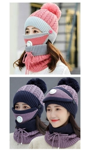 Detailed knit texture of 3-piece winter set with hat, scarf and breathing valve mask