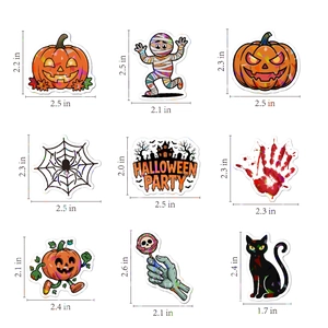 Detailed view of 9 laser Halloween stickers featuring pumpkins, mummies, and black cats