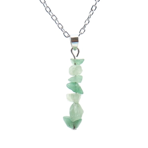 Detail view of handmade natural green agate stone pendant on a silver-tone chain necklace