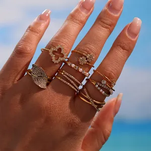 Stainless Steel Ring Women Adjustable Open Geometric Heart Flower Zircon Shell Artificial Pearl Fashion Jewelry