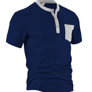 Men's navy waffle knit Henley shirt with grey contrast pocket and neckline on white background