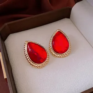 Vintage Teardrop Earrings Alloy Gold Plated With Red Resin Stone And Silver Earring Post Retro Luxury Jewelry For Women