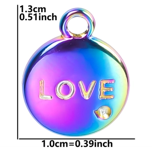 Detailed size view of rainbow stainless steel LOVE pendant measuring 1.3cm by 1.0cm