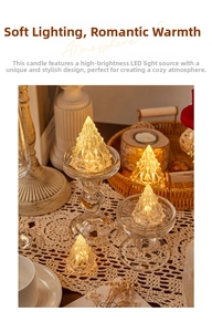 Detail of crystal Christmas tree LED candle lamp with warm lighting on a vintage table