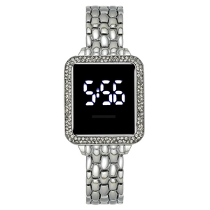 Elegant silver LED watch with rhinestone-studded square case and textured scale band