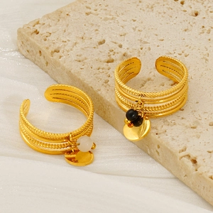 Three-layer 18K gold-plated textured open ring with stone pendants on stone base
