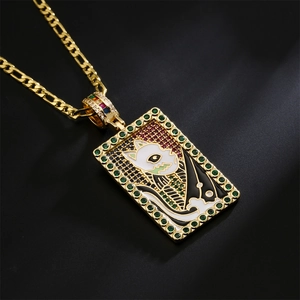 18K gold plated copper necklace with rectangular cat pendant and colorful enamel stones