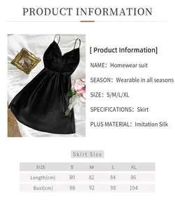 Detailed size chart for silk-like V-neck slip dress with length and bust measurements