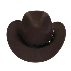 Close-up of deep brown western cowboy hat with black leather band and gold metal studs