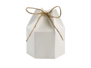 Detailed view of a white hexagonal gift box with brown hemp rope closure and floral top