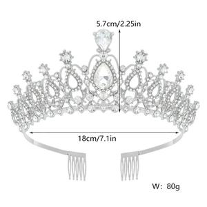 Front view of silver crystal tiara with 5.7cm height and 18cm width dimensions