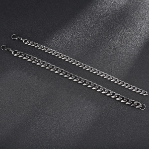 Close-up of silver stainless steel flat Cuban link chain with polished beveled edges