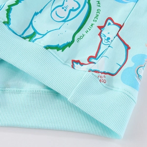 Light blue boys hoodie featuring cartoon animal prints and ribbed hem detail closeup