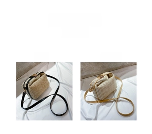 Detail of straw woven crossbody bags in black and khaki with PU leather straps