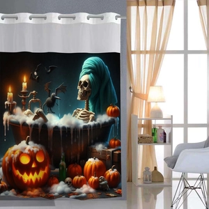 Detail showing Halloween shower curtain with realistic skull, pumpkin and crow pattern