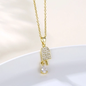 Ice Cream Pendant Necklace Stainless Steel Zircon Rhinestone Pave Gold Plated Summer Style Jewelry For Women