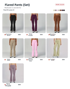 Dettaglio dei pantaloni yoga a vita alta a zampa disponibili in sette diversi colori