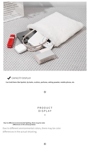 Detailed internal view showing capacity for smartphone and cosmetics in white plush bag
