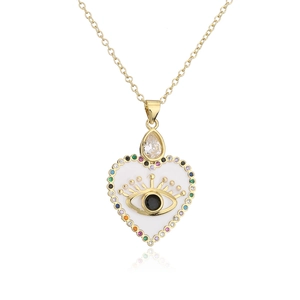 18K gold plated hollow heart necklace with evil eye enamel and colorful zircons
