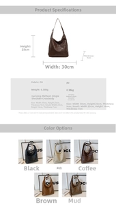 Detailed size specifications chart for the vintage large capacity PU leather tote bag