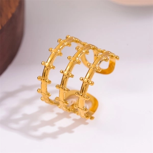 Three-layer adjustable gold fence ring with beaded edges in polished stainless steel