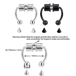 Magnetic stainless steel faux septum rings in silver and black with sizing details