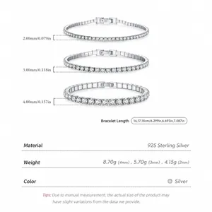 S925 sterling silver tennis bracelets featuring 2mm to 4mm brilliant round-cut cubic zirconia