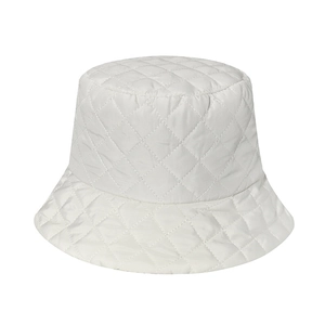 Minimalist white quilted bucket hat with classic diamond lattice stitching pattern