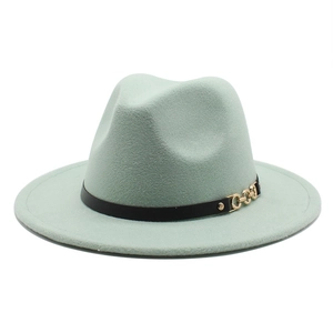 Detail of mint green wool fedora hat with black leather strap and gold metal chain