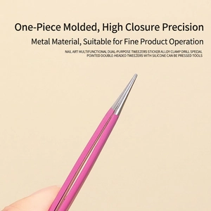 Dual-purpose stainless steel nail tweezers with fine tips and pink silicone handle