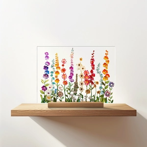 Detailed view of dried flowers in transparent acrylic frame on a wooden base decor