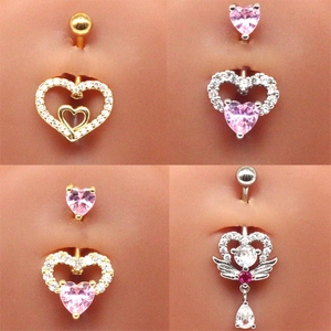 Set of four heart-shaped belly rings with crystals and teardrop pendants in gold and silver