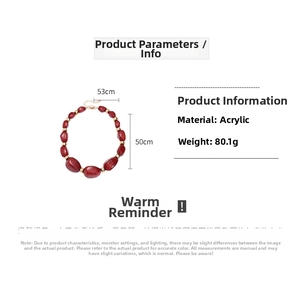 Detail view of red acrylic beaded necklace with specific size and material parameters