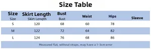 Detailed size table for the backless print maxi dress showing bust and waist measurements