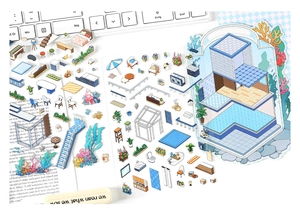 Detailed DIY miniature house stickers featuring furniture and plants on a white desk