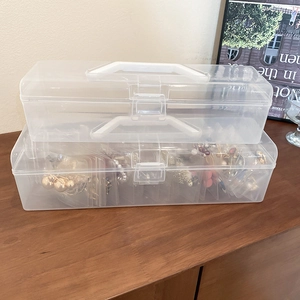 Portable transparent jewelry box with white handle for dustproof travel storage