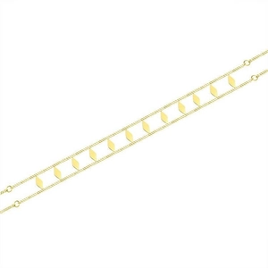 Detail of a double-layered gold anklet featuring geometric diamond charms on a white background